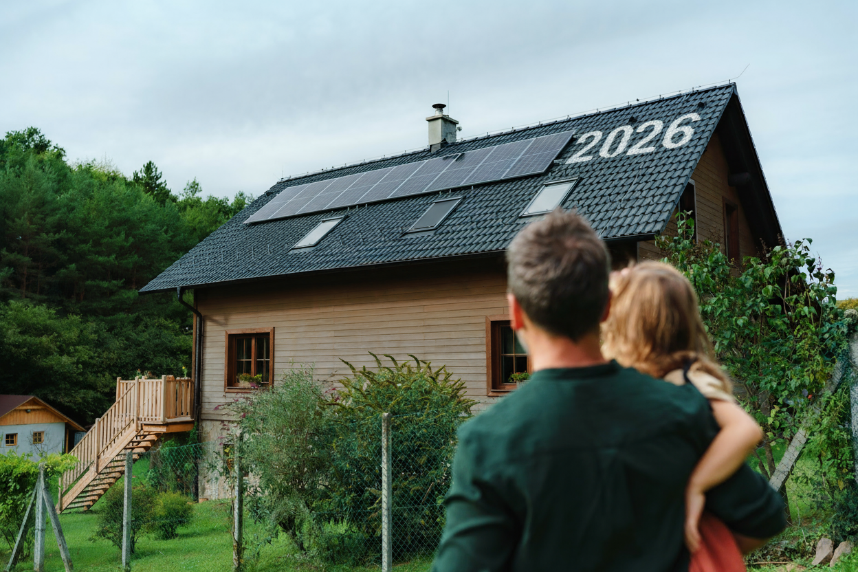 Mann vor seinem Haus mit Photovoltaik-Anlage 2026